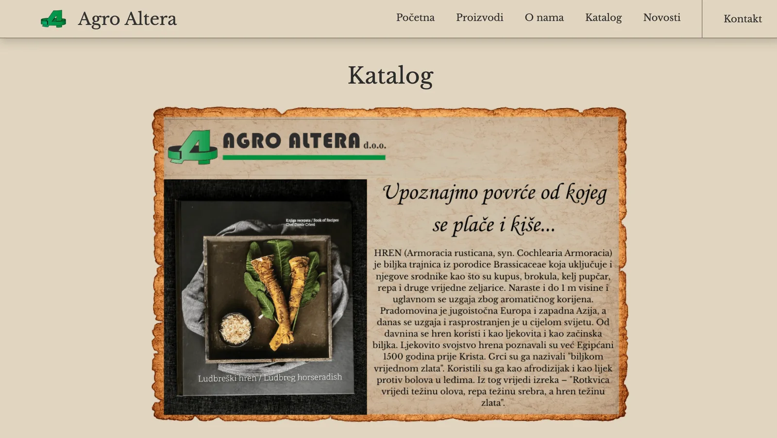 Sekcija o proizvodu na web stranici Agro Altera — ludbreški hren