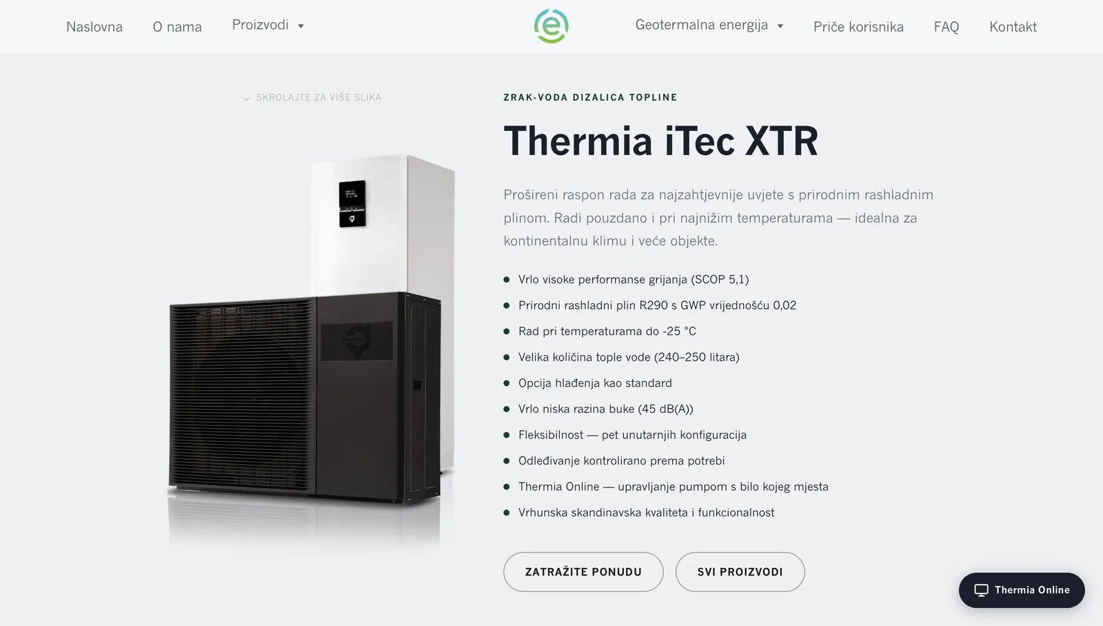 Sekcija proizvoda na web stranici Ekoplan Sustavi — sustavi grijanja Thermia