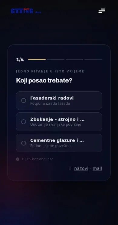 Mobilni prikaz upitnika na web stranici GABING