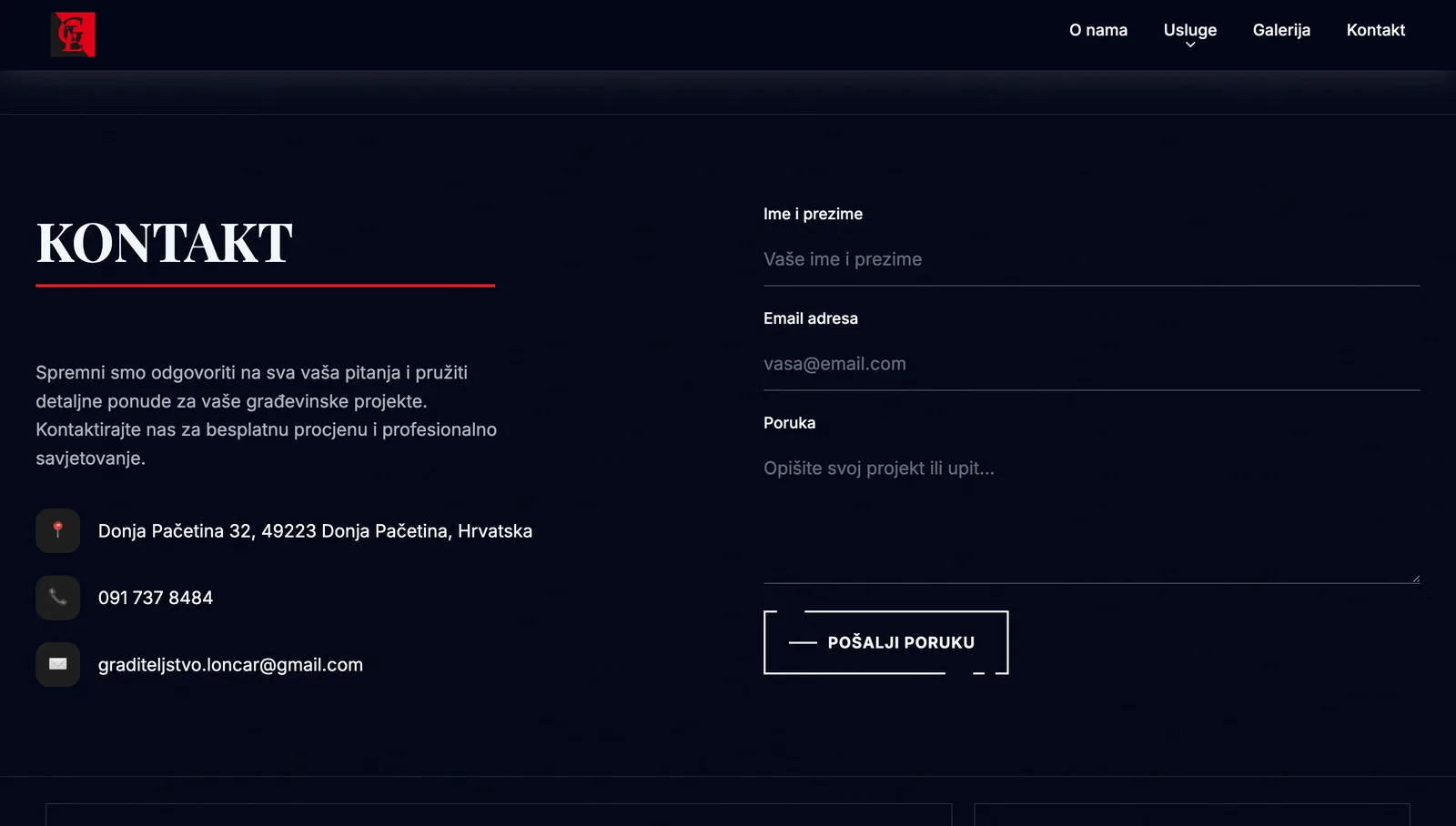 Sekcija usluga na web stranici Graditeljstvo Lončar — stambeni i nestambeni objekti