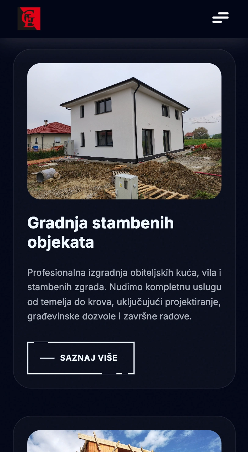 Mobilni prikaz sekcije usluga na web stranici Graditeljstvo Lončar