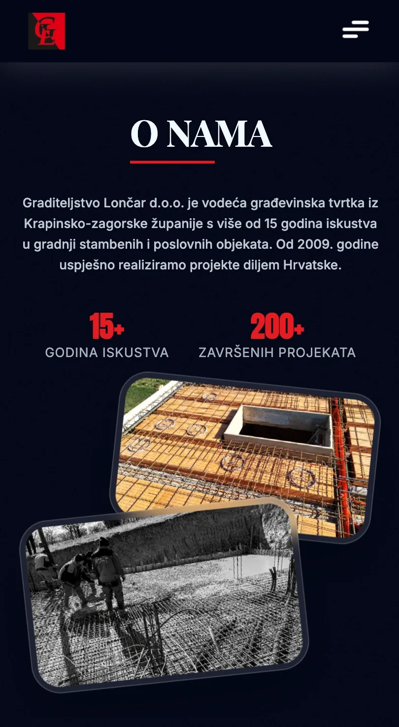 Mobilni prikaz kontakt sekcije web stranice Graditeljstvo Lončar