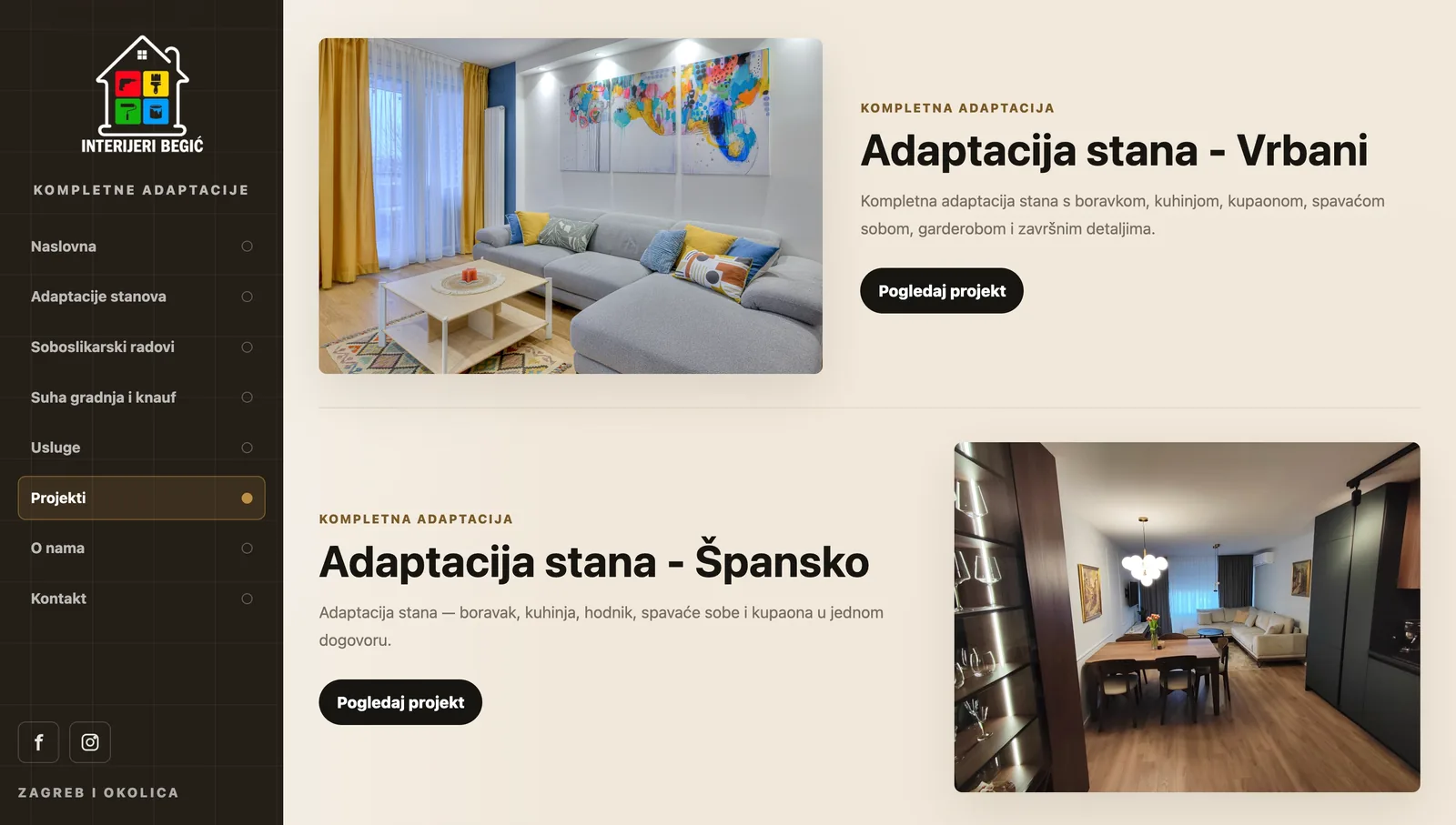 Sekcija projekata na web stranici Interijeri Begić — adaptacije stanova Vrbani i Špansko