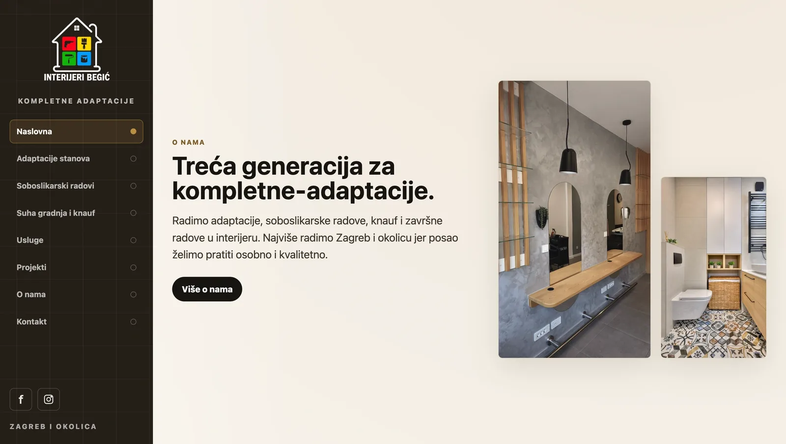 Sekcija o nama na web stranici Interijeri Begić — treća generacija za kompletne adaptacije