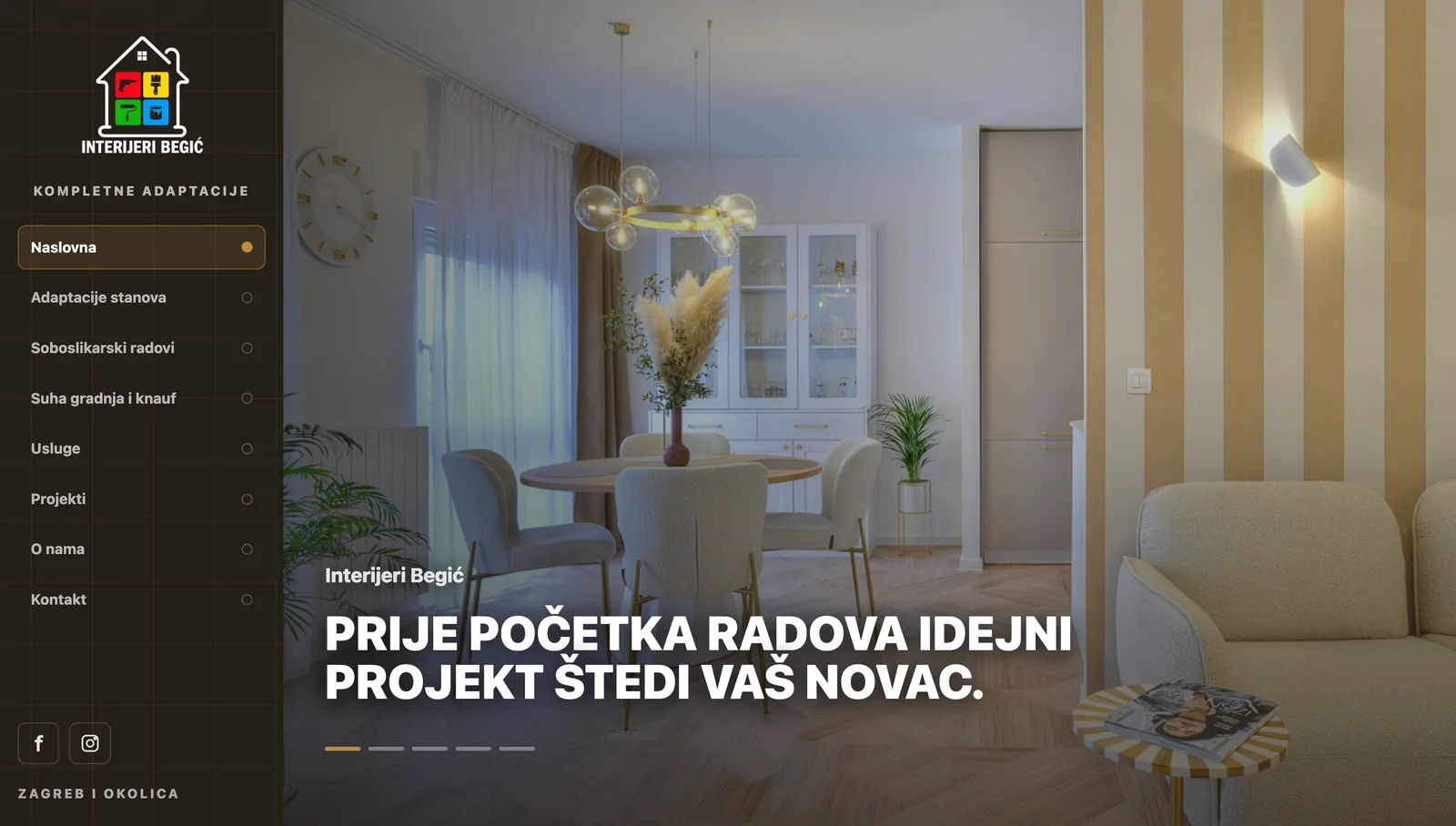Naslovnica web stranice Interijeri Begić — izrada web stranice za obrtnika za adaptacije stanova u Zagrebu