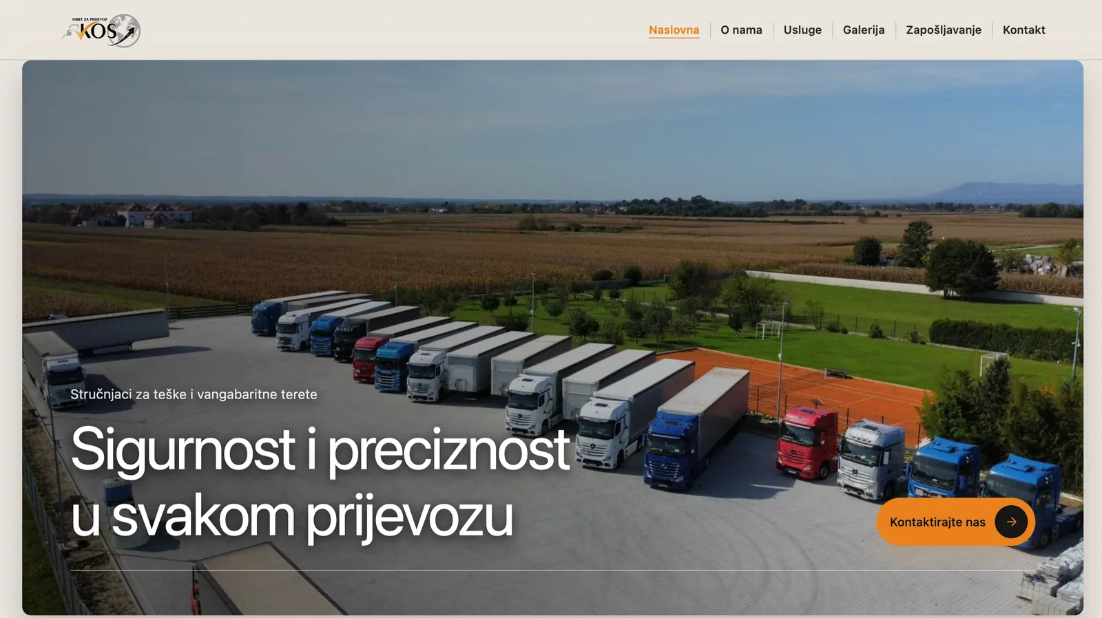 Naslovnica web stranice KOS Prijevoz — Sigurnost i preciznost u svakom prijevozu