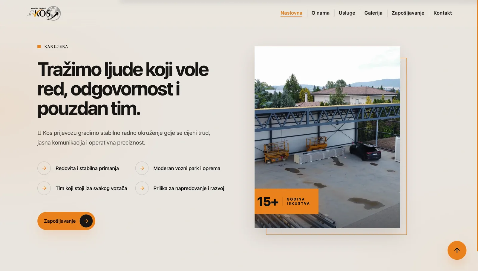 Sekcija usluga na web stranici KOS Prijevoz — prijevoz teških i vangabaritnih tereta
