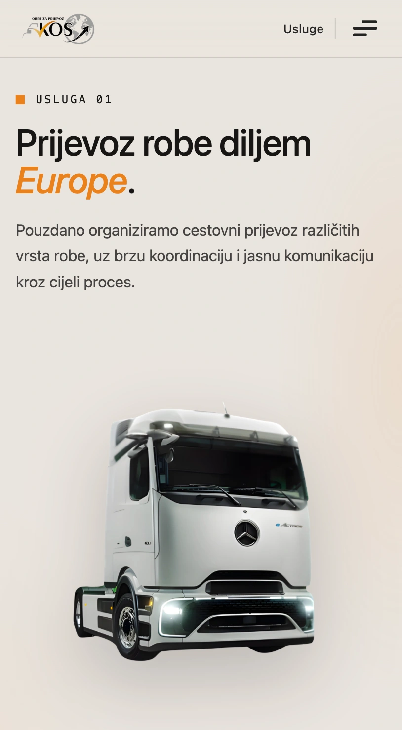 Mobilni prikaz kontakt sekcije web stranice KOS Prijevoz
