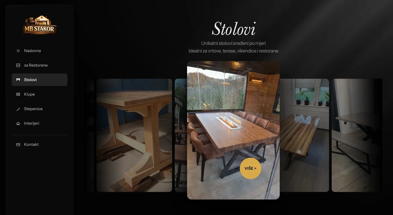 Sekcija proizvoda na web stranici MB Stakor — stolovi, klupe i stepenice