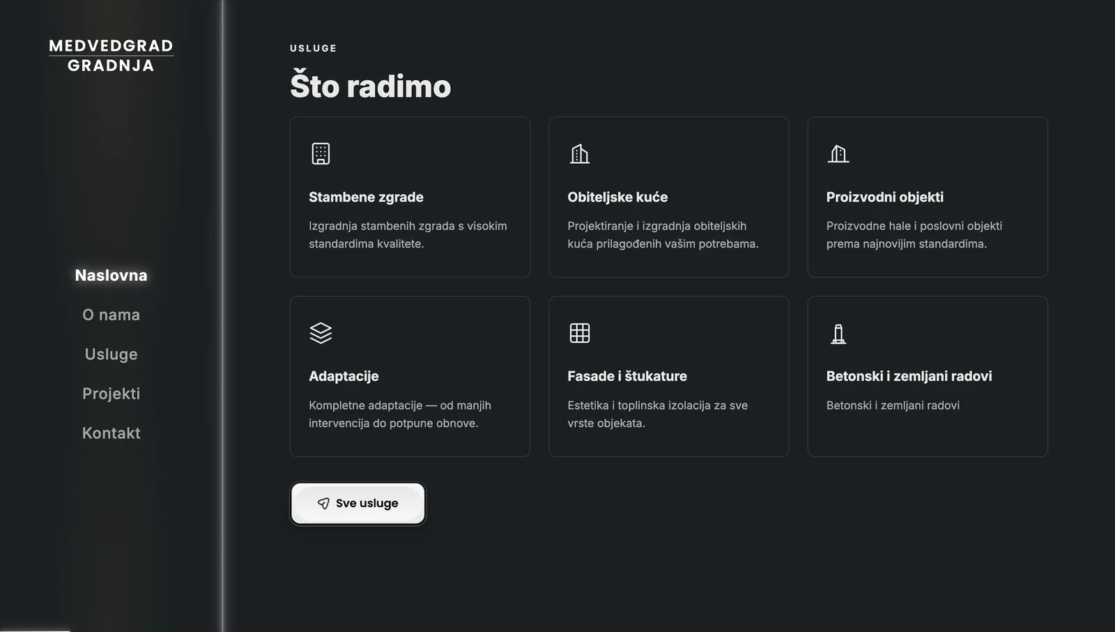 Sekcija usluga na web stranici Medvedgrad Gradnja — stambene zgrade, obiteljske kuće, adaptacije