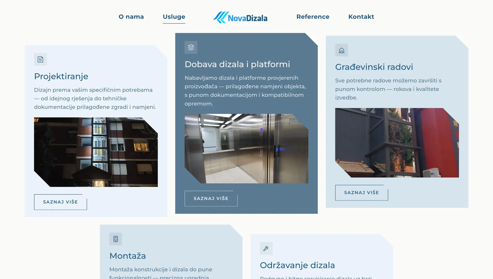 Sekcija usluga na web stranici Nova Dizala — dobava i servis dizala