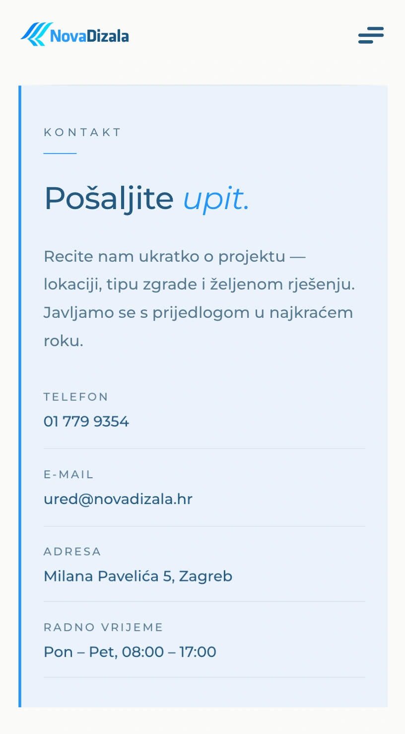 Mobilni prikaz kontakt sekcije web stranice Nova Dizala