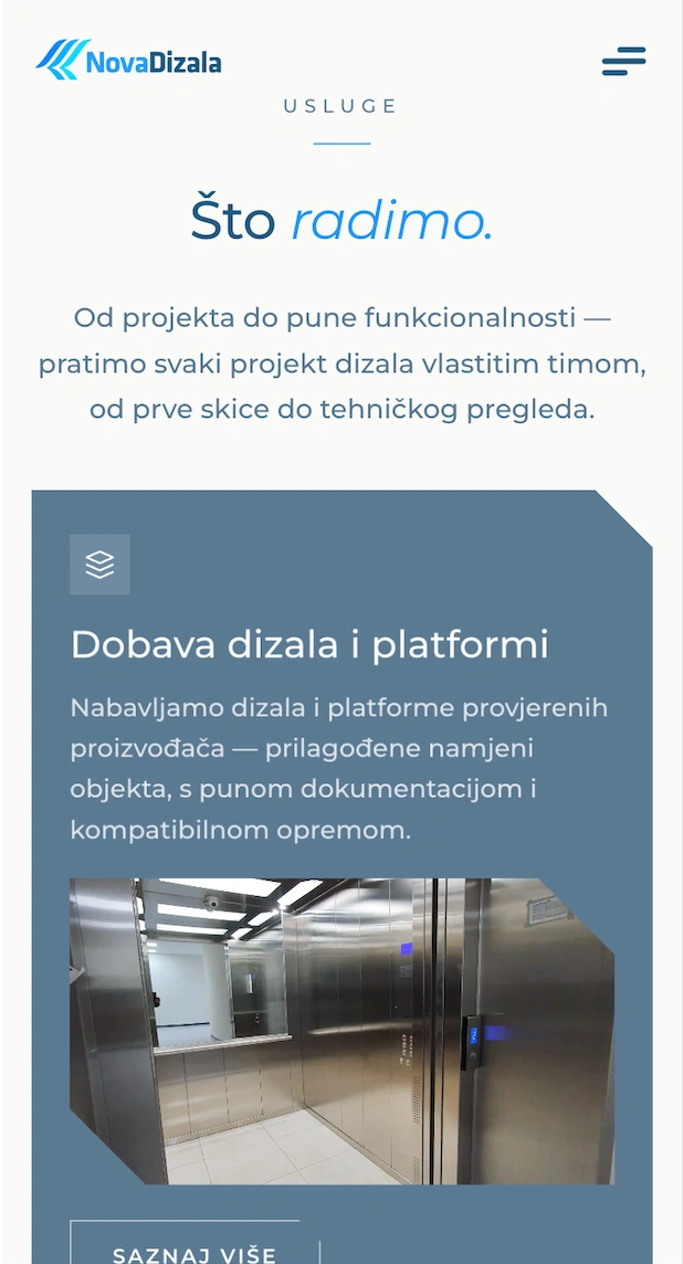 Mobilni prikaz web stranice Nova Dizala — izrada web stranice za tvrtku za ugradnju dizala
