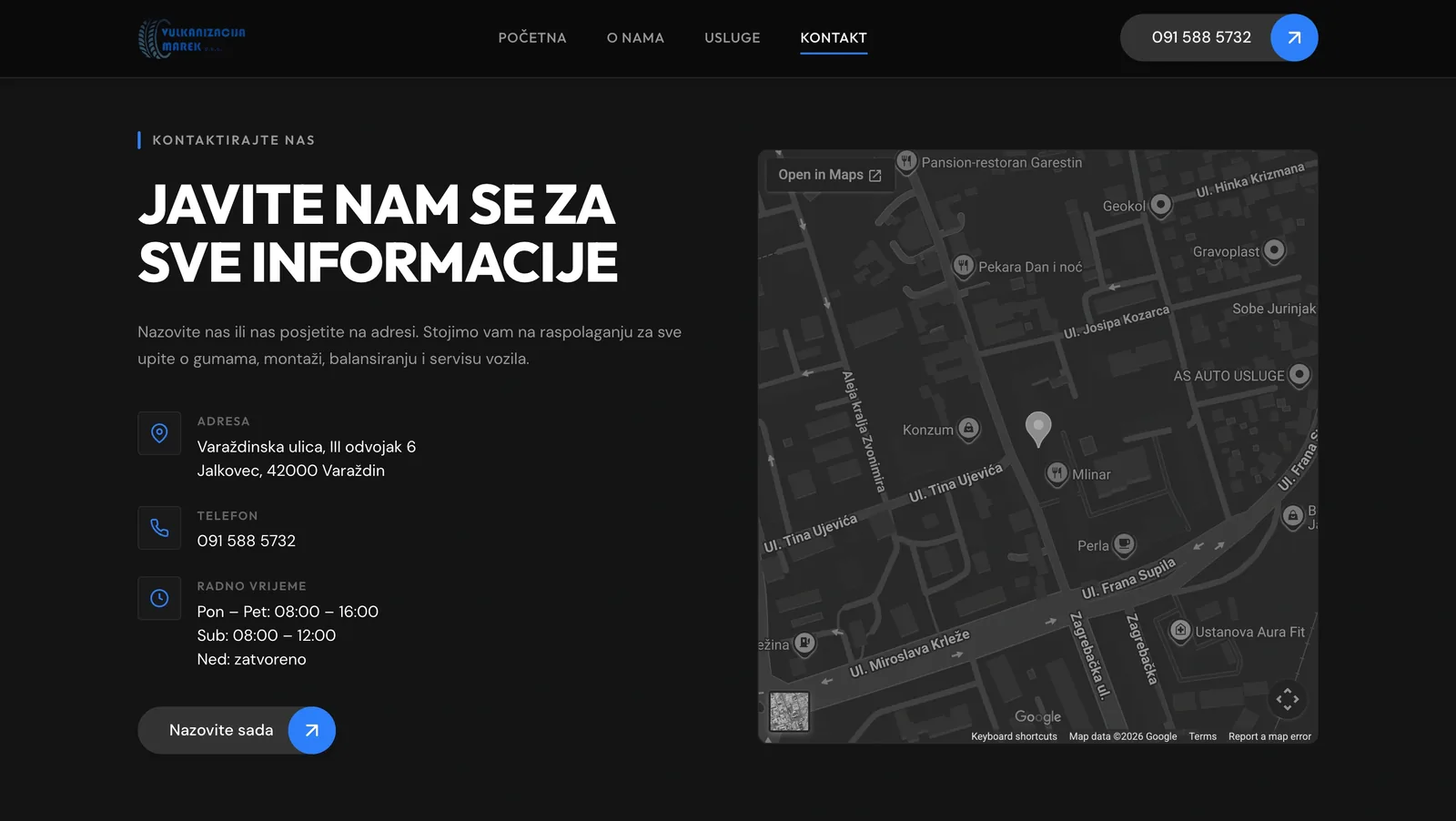 Sekcija usluga na web stranici Vulkanizacija Marek — montaža i balansiranje guma
