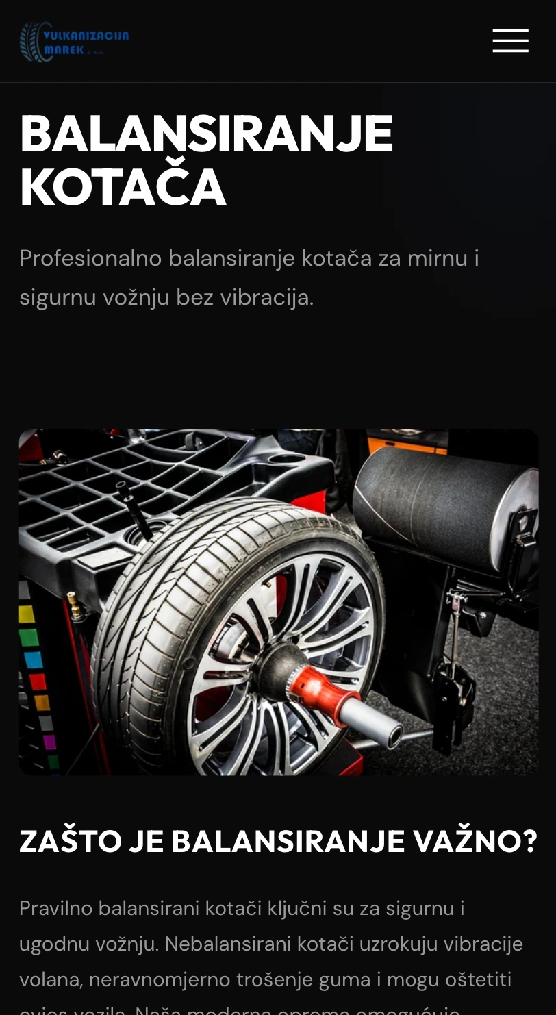 Mobilni prikaz kontakt sekcije web stranice Vulkanizacija Marek